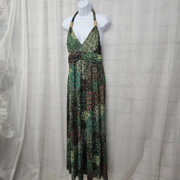 Claudia Richard Green Brown Retro Maxi Dress Halter Beaded Hippie Festival L - Picture 6 of 12
